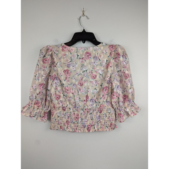 Express Women's Floral Puff Sleeve Smocked V-Neck S Cropped Top Boho Cottagecore - Picture 8 of 9